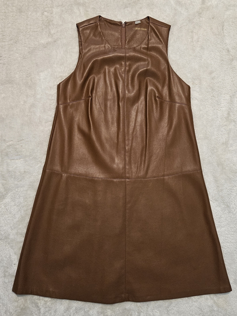 Calvin Klein Brown Faux Leather Shift Dress Size 2 Minimalist Quiet Luxury - Picture 4 of 9